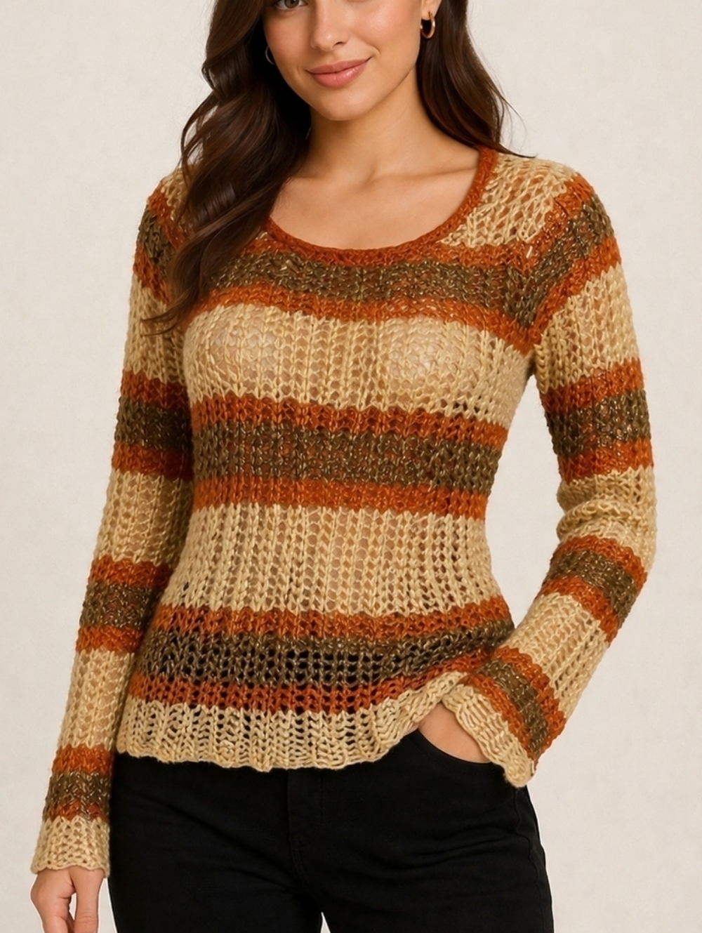 ASHLEY Y2k Striped Metallic Open Crochet Peekaboo Sweater